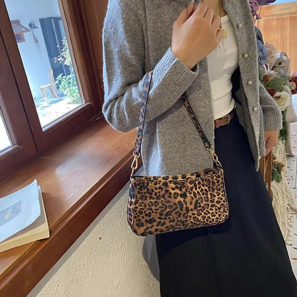 Vegan Leather Shoulder Bag Small Clutch Tote for Women Elegant Leopard Print